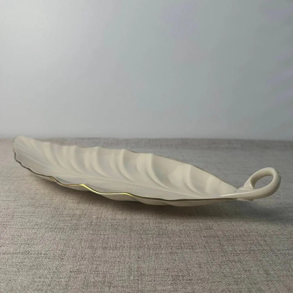 Vintage Lenox Ivory Porcelain Leaf Serving Tray Gold Trim Made in USA